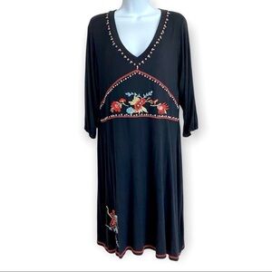 Urban Mango Black Embroidered Boho V-neck Cotton Dress Medium Cottagecore Floral